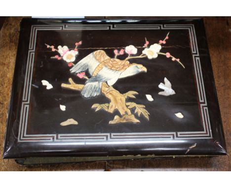 A JAPANESE BONE INLAID AND LACQUERED POSTCARD ALBUM with watercolour scenes within, painted on silk mounted pages, 35cm wide