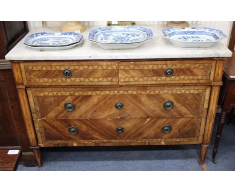 AN 18TH CENTURY ITALIAN COMMODE CHEST of two short and two long drawers, the marble top over an inlaid and quarter vaneered d
