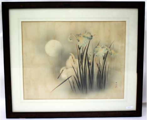 A JAPANESE WATERCOLOUR PAINTING of egrets amongst irises under the light of a full moon, signed lower right, 42cm x 54.5cm 