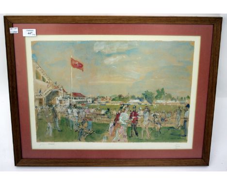 DON WARD A limited edition print of cricket ground, signed and numbered 1/500, 34cm x 47cm together with an antique landscape