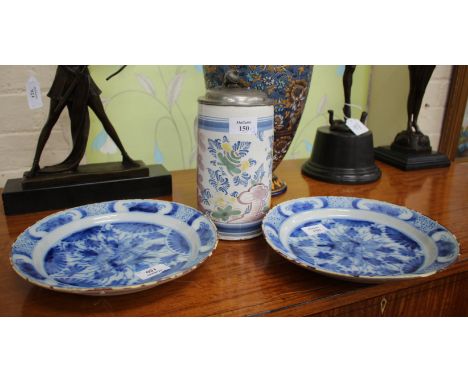 A PAIR OF DUTCH DELFT BLUE AND WHITE PLATES decorated with oriental style dragons, each marked with the number 18 to the reve