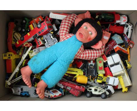 A COLLECTION OF OLD PLAY WORN CORGI MATCHBOX TOY CARS together with a Chad Valley toy monkey, a collection of old cast metal 