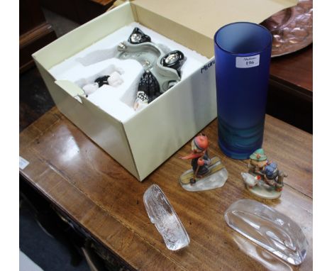 A MURANO BLUE GLASS CYLINDRICAL VASE, two Scandinavian glass ornaments, two pottery Hummel figurines and a Disney novelty tea