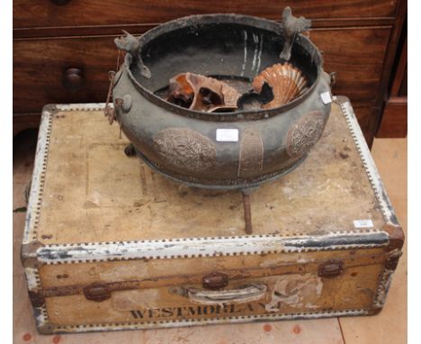AN OLD SUITCASE containing a quantity of tools together with an oriental brass jardiniere, 43cm diameter and a set of four ca
