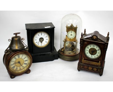 AN OAK CASED MANTLE TIMEPIECE together with an Anniversary clock under a glass dome, the dome 27cm high together with a furth