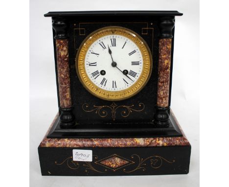 A FRENCH BLACK SLATE AND MARBLE MANTLE CLOCK with architectural case, the movement striking the hours on a gong, 25.5cm wide 