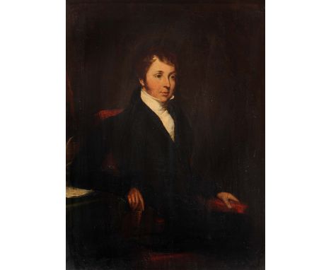 19TH CENTURY ENGLISH SCHOOL THREE QUARTER LENGTH PORTRAIT of a gentleman seated in a red leather upholstered chair, a book in
