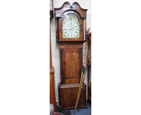 A 19TH CENTURY MAHOGANY EIGHT DAY LONGCASE CLOCK the broad case with fluted decoration, the hood with swan neck pediment and 