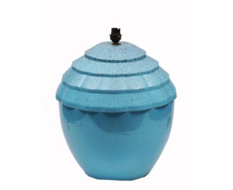 A FRENCH BLUE POTTERY TABLE LAMP BASE of ovoid form, approximately 38cm tall with marks to the underside 'Blanche Letalle Add
