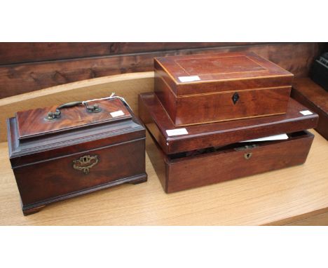 A GEORGE III MAHOGANY TEA CADDY with three divisions and brass swan neck handle 24cm wide, a mahogany and boxwood rectangular