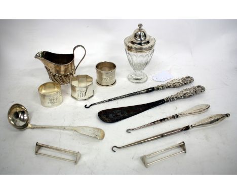 A GROUP OF SILVER AND OTHER ITEMS to include a cream jug, a silver mounted cut glass mustard pot, a sauce ladle with marks fo