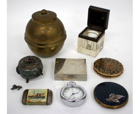 AN EARLY 20TH CENTURY HEAVY CUT GLASS INKWELL, together with a metal and hardstone incense burner, a Lipton tea caddy, a comp