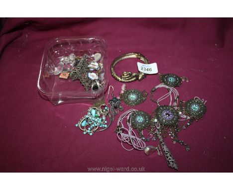 A marcasite Snake Bangle and miscellaneous earrings, ring and necklace, (some silver)