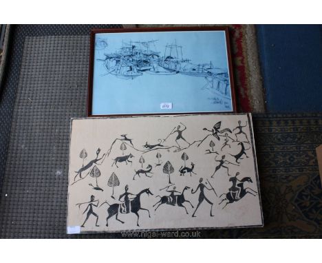 A Chinese Print on board of a hunting scene and a Print of Chinese Tanka boats.