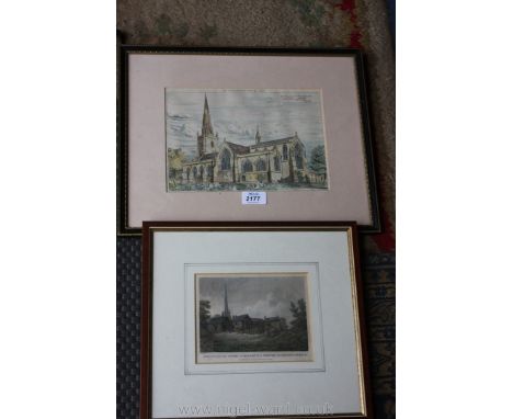 A coloured Engraving of St. Mary's Church, Monmouth and a Print of the Priory and Church, Monmouth