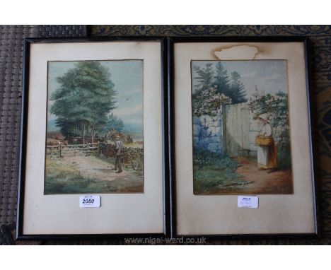 A pair of Watercolours by James Mackie Smith, signed and dated, one depicting Male walkers in countryside, the other of lady 