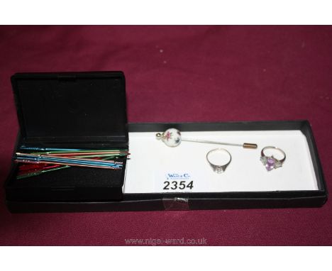 A quantity of Jewellery including silver single stone ring, ring with coloured stones, stick pin decorated with butterflies a