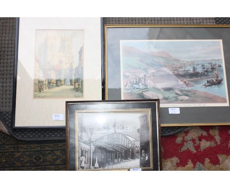 Three pictures including a view of Victoria, Honk Kong, Watercolour of 'Bootham Bar, The Minster of York' by Geo. H. Downing 