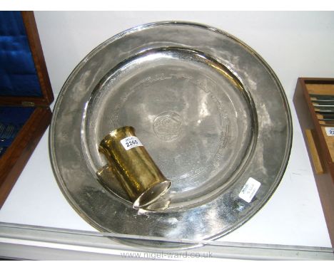A 1937 Keswick Coronation Staybrite Charger with G & R monogram and crown stamped KISA along with an Arts and Crafts brass ha