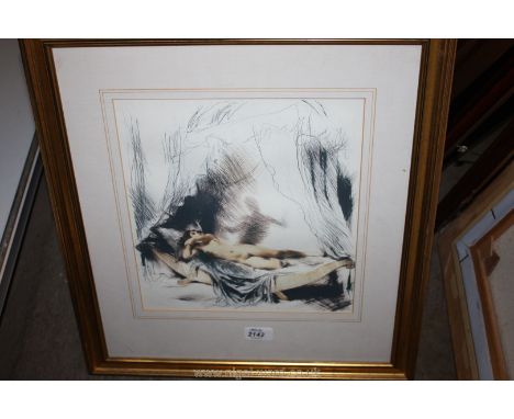 A Print of a female nude on a four poster bed