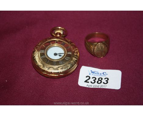 A gold plated 17 jewel half-hunter Pocket Watch and a gold coloured Ring marked 18k