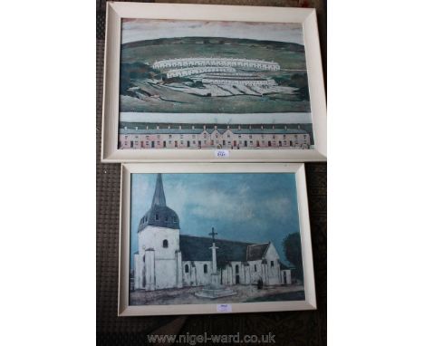 A Print of a French church and a Lowry style print of a row of houses with parkland and terraced houses in the distance