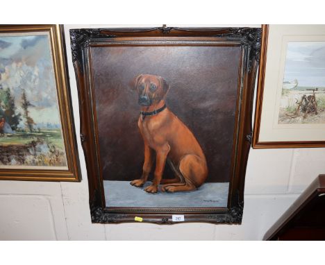 Dawn E. Tearle, oil on canvas depicting a dog together with an edition of "Dogs of the World Illustrated Encyclopedia"