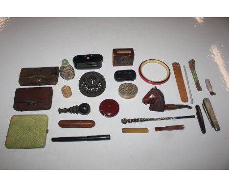 A box containing pen knives, a seal, Swan fountain pen, snuff boxes, tape measure etc.