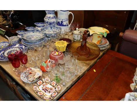 A quantity of glassware and china to include Poole dishes, a Spode gilt decorated dish, a Carnival glass bowl, Devonware vase