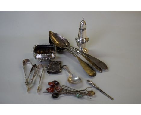 A sterling silver pepperette; together with a silver fiddle pattern caddy spoon; and various other silver and metal items.