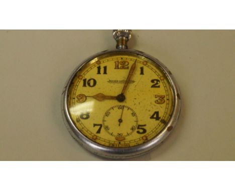 A WWII Jaeger Le Coultre nicklel plated open faced pocket watch, the 4.5cm diameter painted dial with Arabic numerals and sub