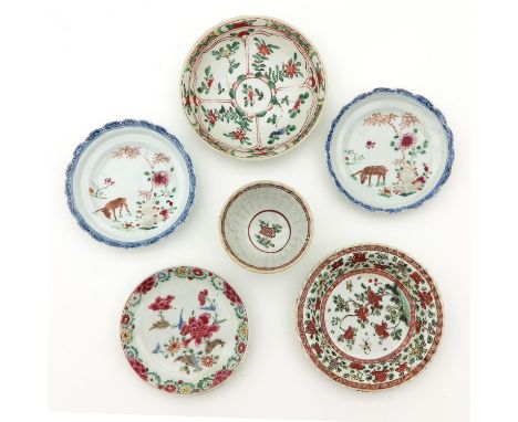 Including 1 cup and 5 saucers, largest saucer is 13 cm. in diameter, in diverse conditions.