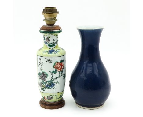 Blue glaze monochrome vase and Famille Verte lamp converted from vase, lamp is 35 cm. tall.