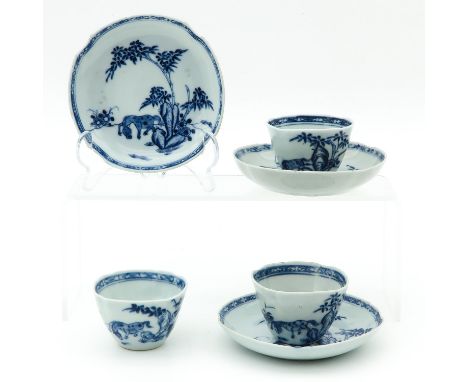 Blue and white decor depicting scene in garden with deer, saucers are 12 cm. in diameter.