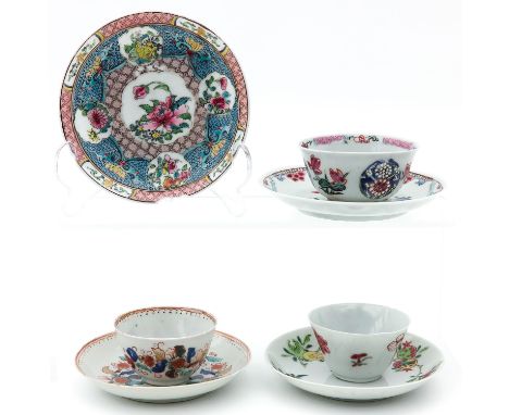 Including 3 cups and 4 saucers, saucers are 12 cm. in diameter, chip and hairline.