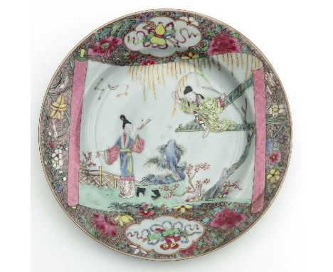 Depicting Chinese figures in garden in scroll, Famille Rose enamels with gilt accents, 22 cm. in diameter, hairline.