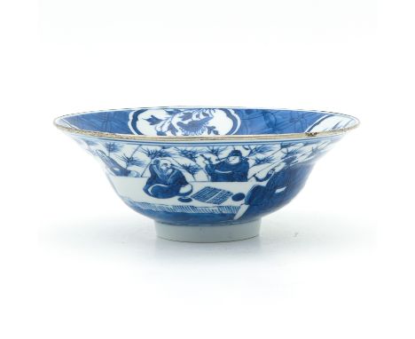 Decorated with Chinese figures and text, Kangxi mark, 17 cm. in diameter, hairline.
