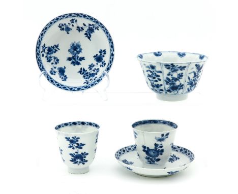 Including 2 cups and 2 saucers, and 1 small bowl, blue and white floral decor, saucers are 12 cm. in diameter, cups and sauce