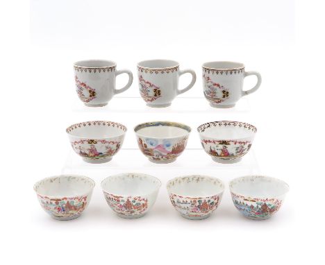 Famille Rose enamels depicting man playing flute, 3 with handles, 1 cup with restoration on handle.