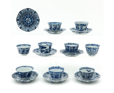 Including 9 cups and 8 saucers, in blue and white decors, largest saucer is 13 cm. in diameter, in diverse conditions.