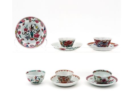 Including Famille Rose decors, 5 cups and saucers, largest saucer is 12 cm. in diameter, in diverse conditions.