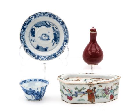 Including snuff bottle, cup and saucer and cricket box, chip.