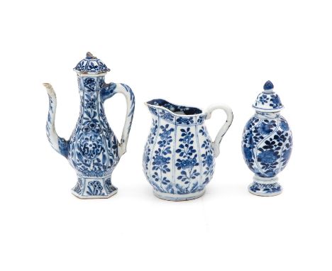 Including creamer, small pitcher, and small vase with cover, tallest is 17 cm., in diverse conditions.