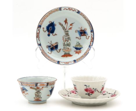 Famille Rose and Imari decors, saucers are 12 cm. in diameter.