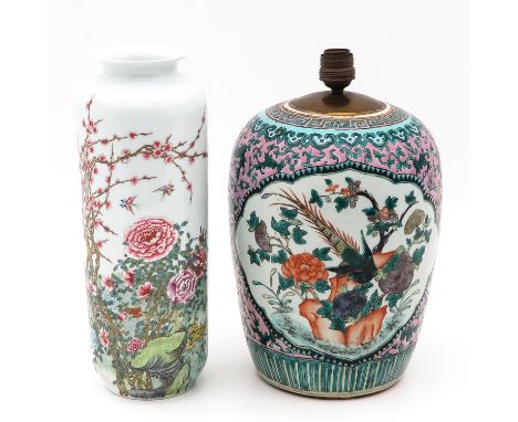 Lamp is decorated with polychrome enamels depicting birds and flowers in garden and converted from vase, Famille Rose vase de