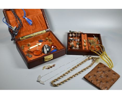 A brown leather jewel box containing a collection of jewellery and other items including agate necklace, 9ct bar brooch, hair