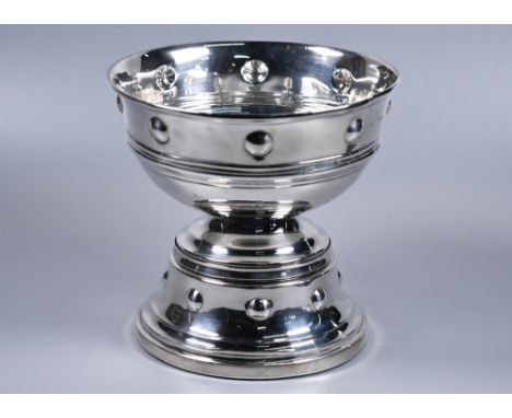 Edwardian Arts &amp; Crafts silver trophy bowl with repoussé bosses to the waist and base, on loaded silver plinth, James Dix