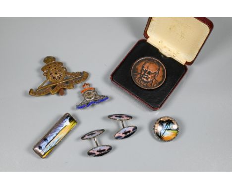 A pair of Norwegian enamel shaped cufflinks featuring moose in a wintery landscape; two pictorial butterfly wing brooches of 