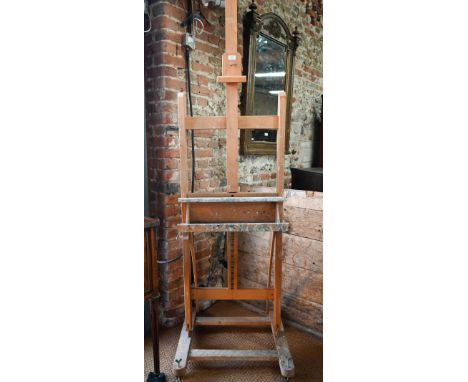 A large beechwood Mabef M06 Roma artist's studio easel, paint splattered!, 66 cm w 