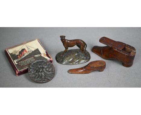 Replica 'Lusitania' medal - boxed with French explanatory pamphlet to/w a miniature carved wood 'shoe' snuff-box, another min